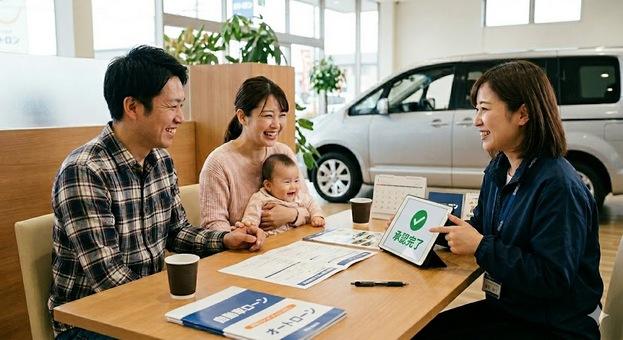 自動車ローンの審査に承認され、中古車販売店のスタッフと笑顔で相談する幸せな家族と赤ちゃんの画像